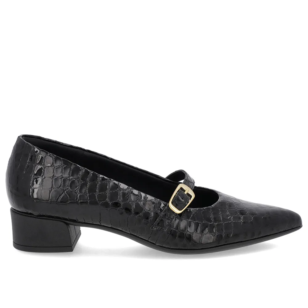 Imagem de Scarpin Preto Couro Croco Bico Fino Tira